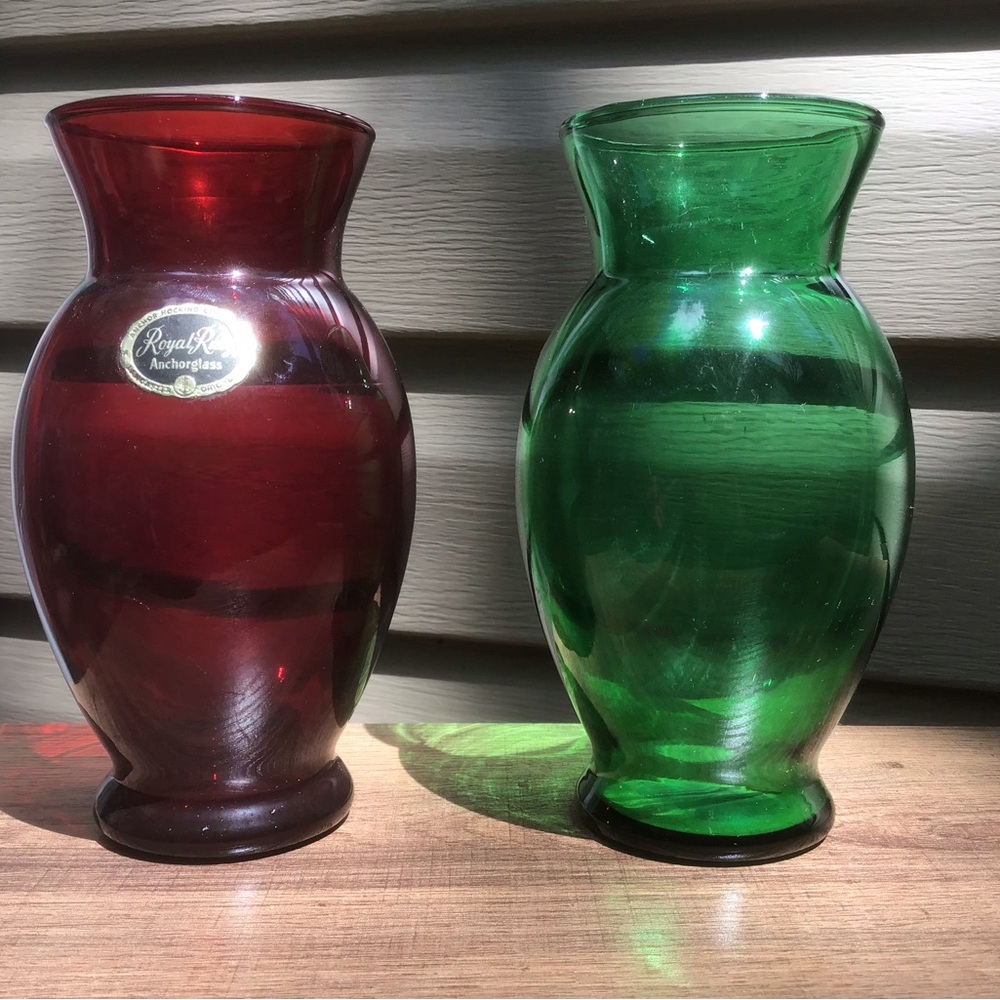 VTG Anchorglass “Royal Ruby” & “Emerald Green” Glass Vases, Pre 1960 6.5” T